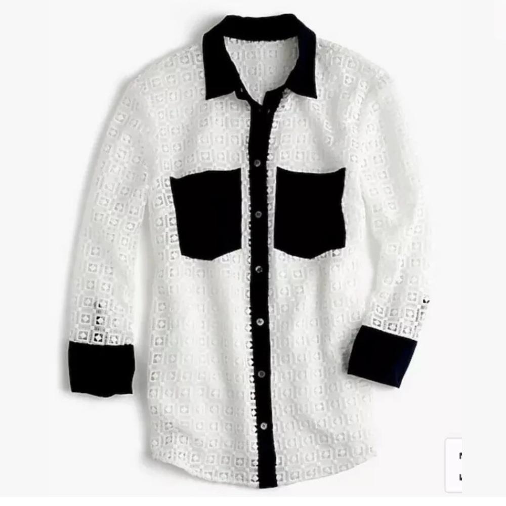 J.Crew White Navy Geometric Lace Button Up Shirt